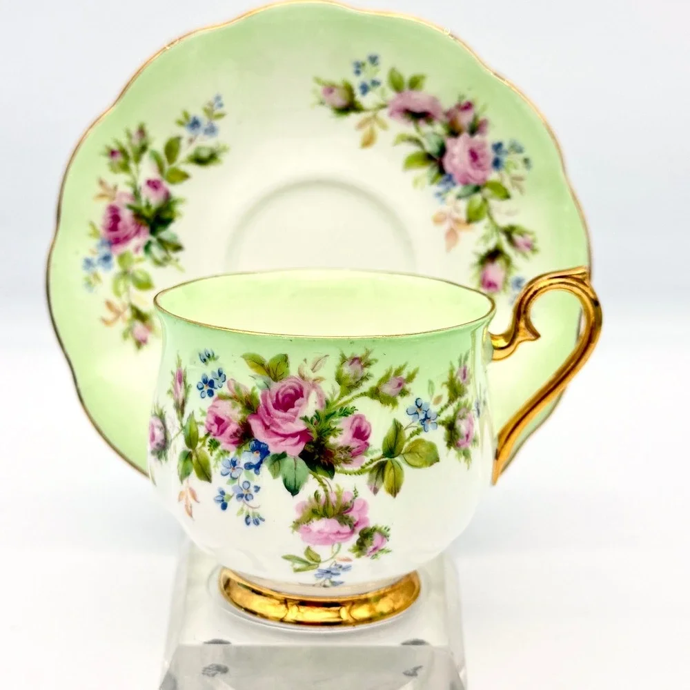 Royal Albert Teacup Saucer Bone China Vintage Green Pink Gold Tone
